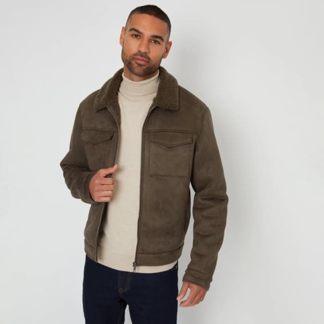 Threadbare Threadbare Men 'Olpherts' Faux Suede Borg Lined Aviator Jacket in Khaki Size: large Khaki L Male 7625915020948