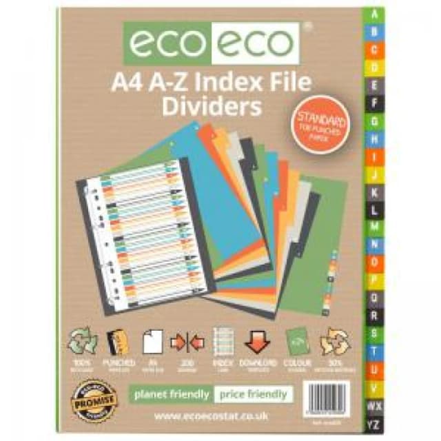 Eco Eco Mutlicolour 50% Recycled Index Dividers A4 24 A-Z eco030-S