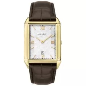 Mens Accurist Rectangular Silver Dial Brown Leather Strap Watch