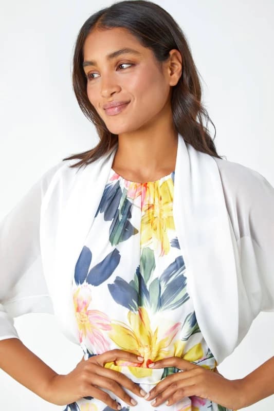 Roman Womens Ruched Hem Chiffon Bolero in Ivory Size: 12 Ivory Female 12