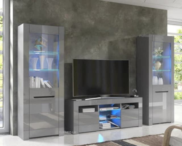 Furneo High Gloss & Matt Grey Living Room Set TV Stand Display Cabinets Milanog Blue LED Lights