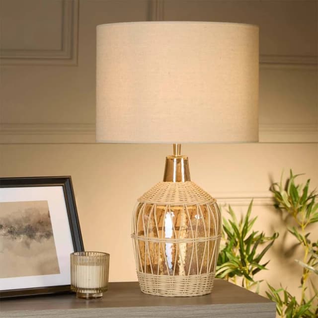 Lighting Collection Boho-Style Rattan Table Lamp in Warm Natural Finish Natural Unisex