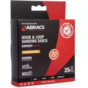 Abracs Hook & Loop 125mm Sanding Discs 8 Holes 80G Pack of 25 ABHL8125080