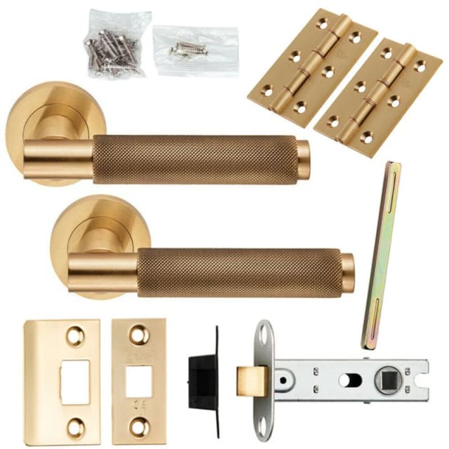 Loops Door Handle & Latch Pack Satin Brass Knurled Round Lever Screwless Round Rose Metallics