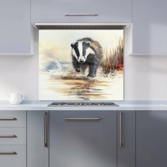 Warren Reed - Designer Wading Badger Watercolour Kitchen Splashback in Brown Size: 600mm x 750mm Brown Unisex 600mm x 750mm