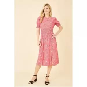 Mela London Pink Floral Ruched Waist Midi Dress - Pink