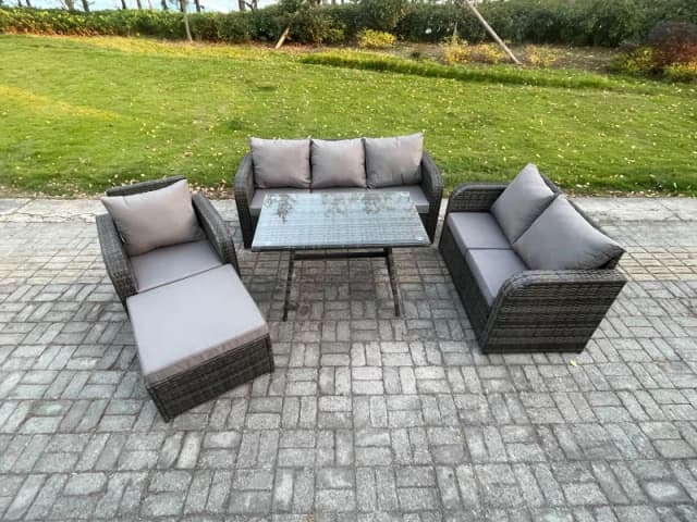 Fimous Outdoor Rattan Garden Furniture Set 7 Seater Patio Lounge Sofa Set with Dining Table Big Footstool Dark Grey Mixed Dark Grey