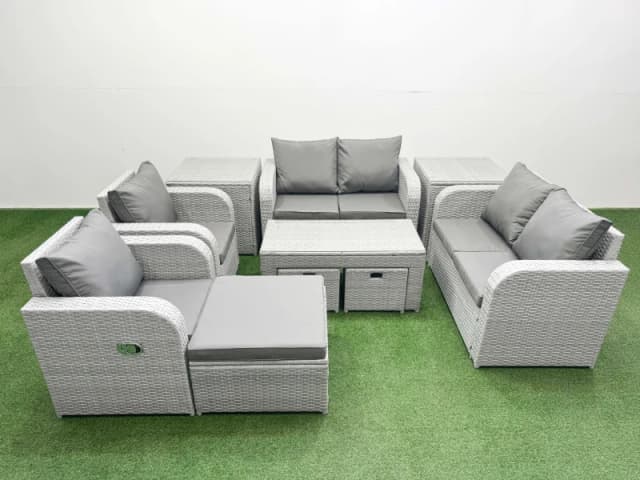 Fimous 9 Seater Outdoor Reclining Chair Love Sofa Set Rattan Garden Furniture Set with Oblong Coffee Table 3 Stools 2 Side Table Light Grey Light Grey
