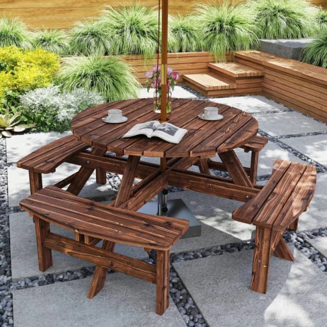 Outsunny Wooden Garden Dining Set With Parasol Hole For Outdoor, Tan