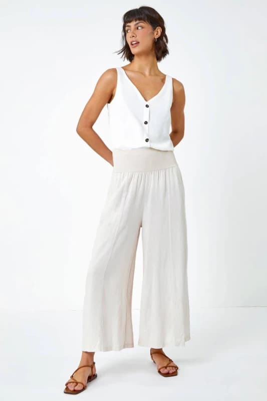 Roman Linen Blend Stretch Waist Culottes Natural