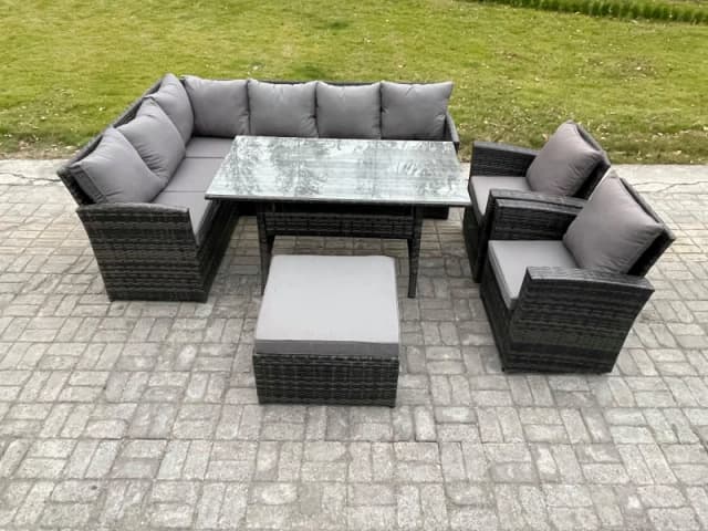 Fimous 9 Seater Outdoor Rattan Garden Furniture Set with Dining Table Big Footstool 2 Armchiars Patio Wicker Corner Sofa Set in Dark Grey Dark Grey Un