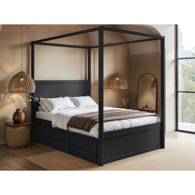 Flair Maddy 4 Poster Canopy Double Bed with Trundle & Storage Black Unisex Double