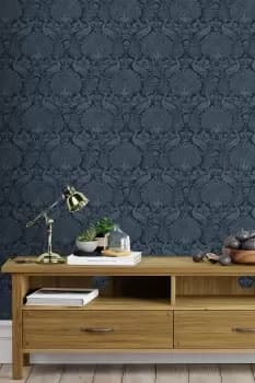 Laura Ashley Peacock Damask Wallpaper - Blue