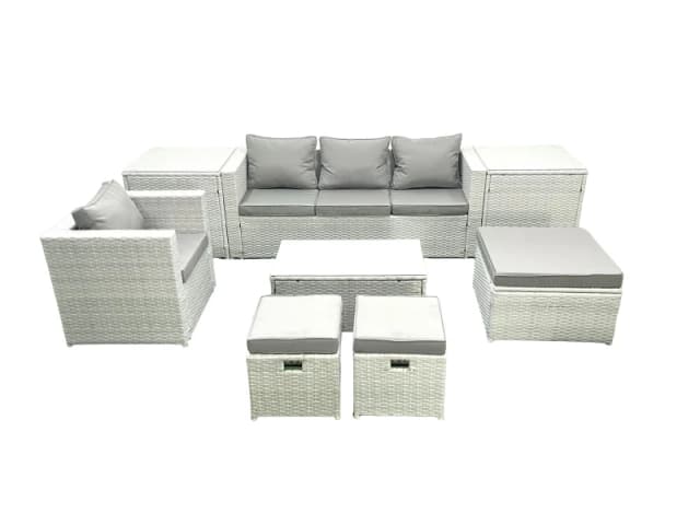 Fimous 8 Pieces Rattan Garden Furniture Set Outdoor Garden Sofa Chair Coffee Table Set with 2 Side Tables 3 Footstools Light Grey Mixed Light Grey