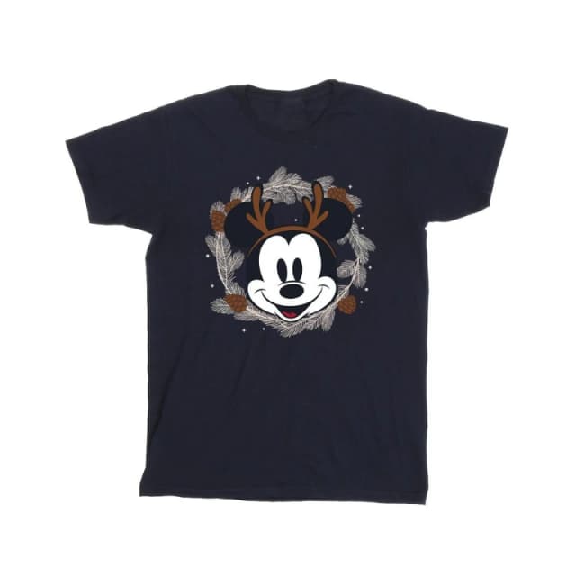 Disney Men Mickey Mouse Reindeer Wreath Cotton T-Shirt in Navy Size: Small Navy S Male 5063376840910