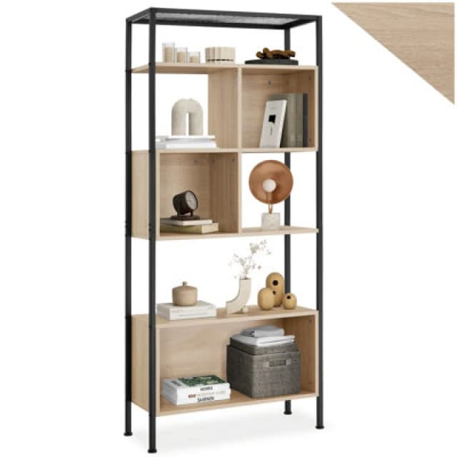 Tectake Free Standing Shelf Hastings - With 5 Tiers & 3 Storage Compartments - Industrial Wood Light, Oak Sonoma