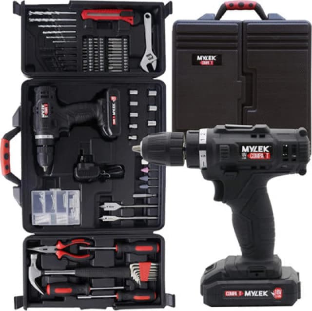 Mylek 18V Cordless Li-Ion Drill And 130 Piece Diy Home Kit With Carry Case