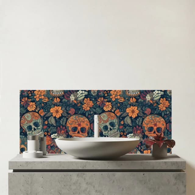 Warren Reed - Designer Dia De Los Muertos Skulls Glass Bathroom Splashback in Orange Orange Unisex