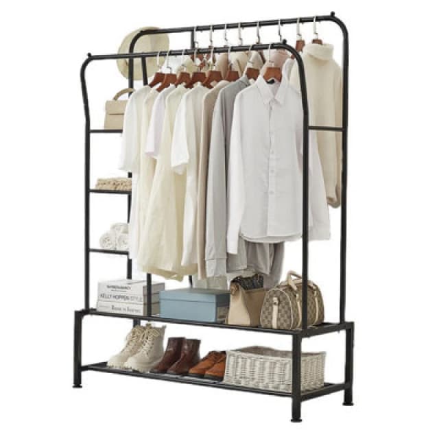 House Of Home Black Metal Clothes Rail With Double Hanging & Storage Shelves