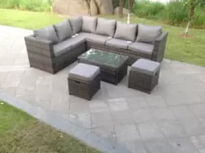 Fimous 6 Seater Outdoor Dark Grey Rattan Lounge Complete Sofa Set with Oblong Coffee Table and 2 Stools