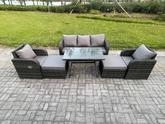 Fimous Garden Furniture Sets 7 Seater Rattan Furniture Manual Wicker Patio Sofa Patio Conversation Set with 2 Big Footstool Dark Grey Mixed Dark Grey