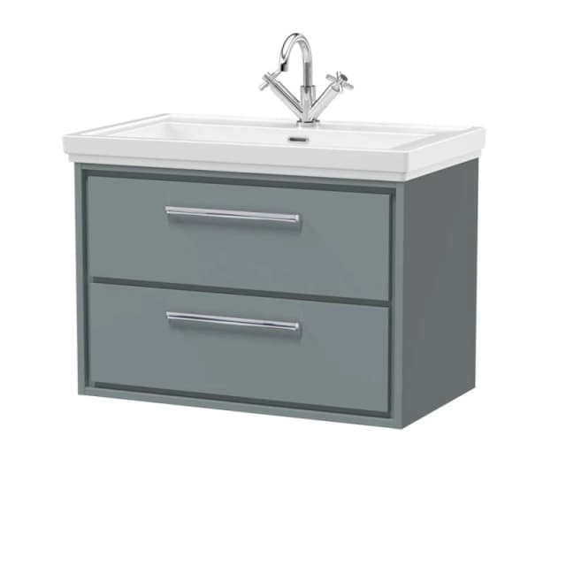 Balterley Modern Wall Hung 2-Drawer Bathroom Vanity Unit With Fireclay Basin, Coastal Grey, 800mm
