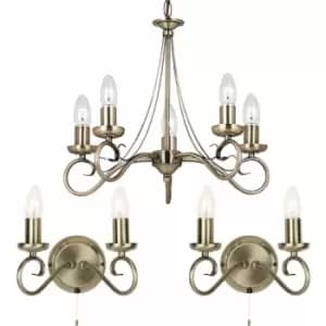 Loops - 5 Bulb Ceiling Pendant & 2x Matching Twin Wall Light Antique Brass Chandelier