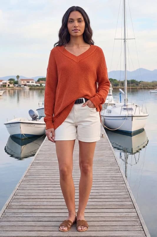 Roman Womens Ribbed V-Neck Boyfriend Jumper in Orange Size: 20 Orange Female 20