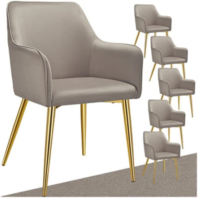 Tectake Set Of 6 Dining Chair Avane - Velvet Look, Padded Armchair, High Backrest And High Armrests - Taupe