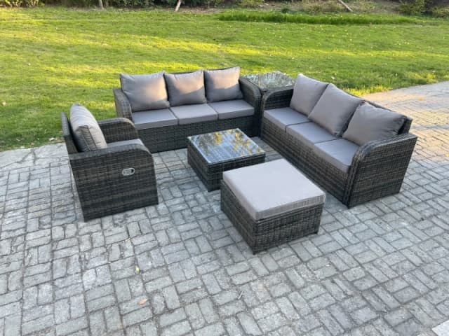 Fimous Outdoor Rattan Garden Furniture Set Conservatory Patio Sofa Coffee Table With Reclining Chair Big Footstool Side Table Dark Grey