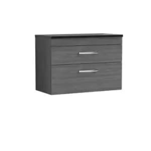 Nuie Athena 800 Wall Hung 2-drawer Vanity & Sparkling Black Worktop - Grey Woodgrain
