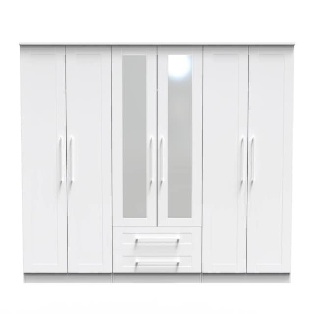 Ripon Tall 6 Door 2 Drawer 2 Mirror Wardrobe In White Ash (Ready Assembled)
