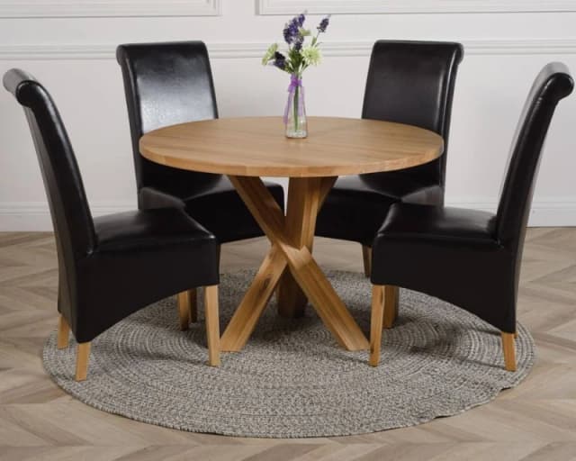 Thats Furniture Oregon Round Oak Dining Table & 4 Montana Leather Chairs in Black Unisex