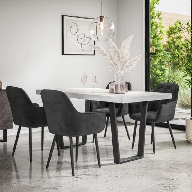 More4Homes Aria Dining Table And Chairs - White Marble Effect Table Top W Black Legs + Anika Velvet Dining Chair Set Of 4 (Black)