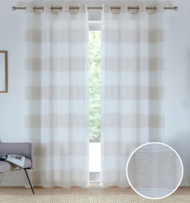 Tyrone Textiles Pair Of Santorini Natural Linen Look Stripe Panels With Eyelet Header 137Cm