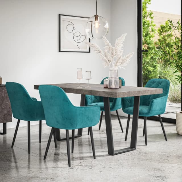 More4Homes Aria Dining Table And Chairs - Concrete Effect Table Top W Black Legs + Anika Velvet Dining Chair Set Of 4 (Blue)