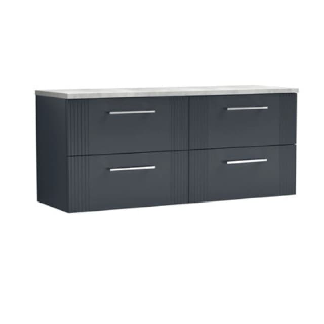 Nuie Deco Wall Hung 4-Drawer Vanity Unit & Bellato Grey Laminate Worktop, Counter Top Vanity Unit In Soft Black, 1200mm