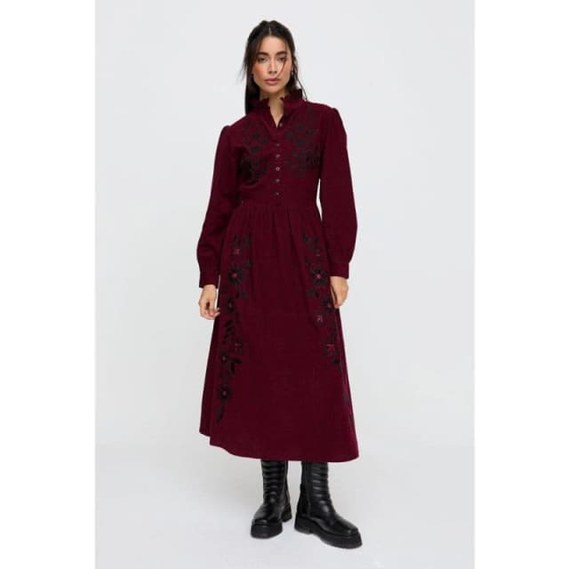 Raffya Raffya Puglia Corduroy Midi Dress In Burgundy Burgundy female 10 (S)