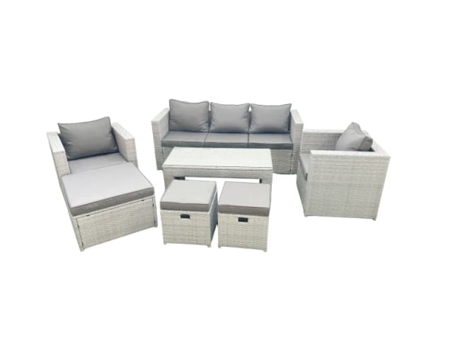 Fimous Rattan Garden Furniture Set 8 Seater Outdoor Garden Sofa Oblong Coffee Table Set with 2 Chairs 3 Stools Light Grey Mixed Light Grey