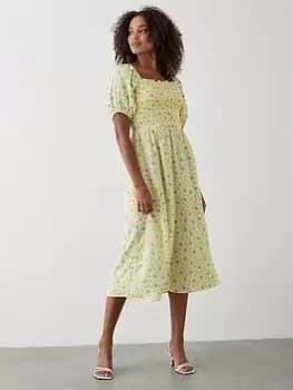 Dorothy Perkins Ditsy Floral Shirred Midi Dress - Yellow, Yellow, Size 16, Women