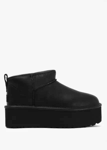 Ugg Womens Classic Leather Ultra Mini Platform Boot In Black Leather