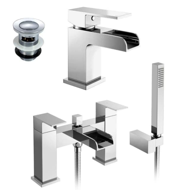 NES HOME Nes Home - Origin Bathroom Basin Mono Mixer Tap, Bath Shower Mixer Tap & Waste Chrome 2304+2301+WST