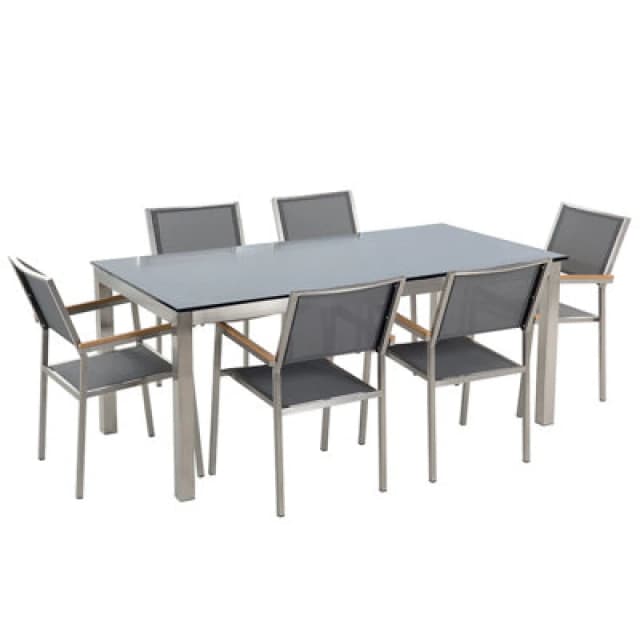 Beliani Garden Dining Set 6 Seater Grosseto Tempered Glass Grey/ Black