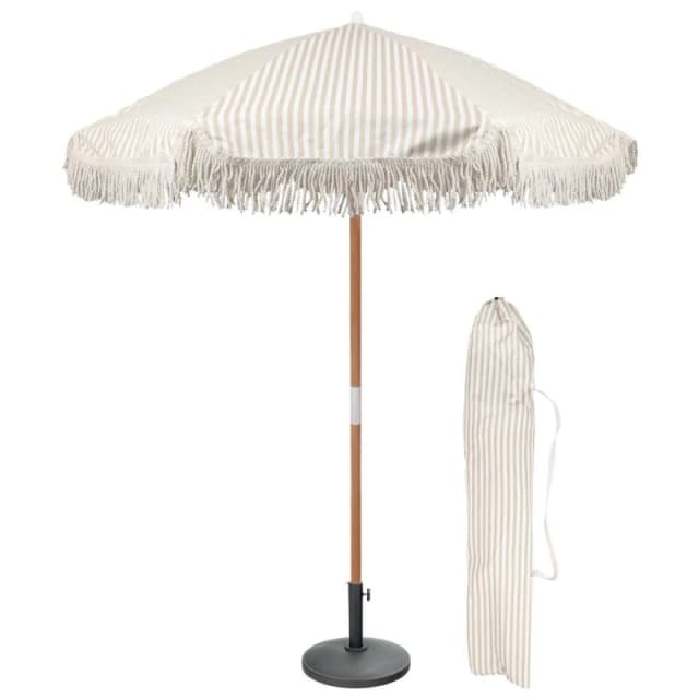 Harbour Housewares 1.4M Tassel Fringed Wooden Garden Parasol & Base Set with Carry Bag in Beige Beige Unisex