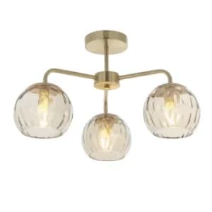 Dimple Multi Arm Glass Semi Flush Ceiling Light Satin Brass Plate, Champagne Lustre Glass