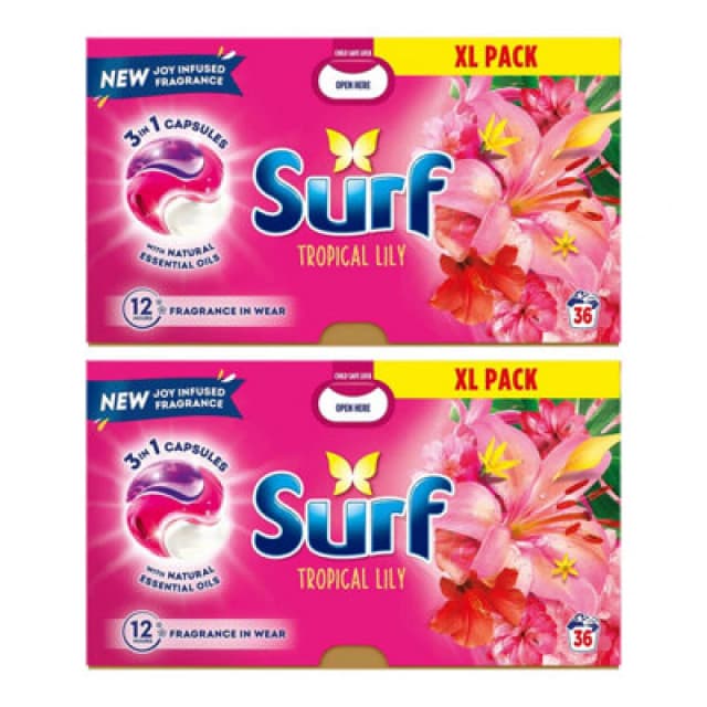 Surf 3 In 1 Laundry Washing Detergent Capsules Tropical Lily, 72 Washes, 2Pk
