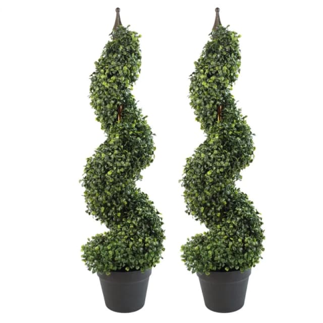 Leaf Pair of 90cm (3ft) Tall Artificial Boxwood Tower Trees Topiary Spiral Metal Top Botanik Green