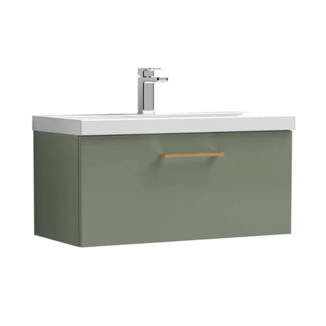 Balterley 800mm Wall Hung 1 Drawer Vanity Basin Unit, Satin Green, Copper Handle in Green Green Unisex