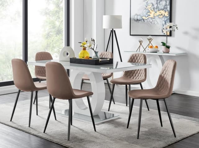 FurnitureboxUK Giovani 6-Seater Grey Glass Dining Table & 6 Corona Faux Leather Dining Chairs in Beige Beige Unisex