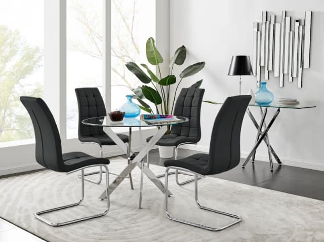 FurnitureboxUK FurnitureboxUK Novara Chrome Metal 100cm Round Glass Dining Table And 4 Murano Dining Chairs in Black One Size Unisex 50565426405